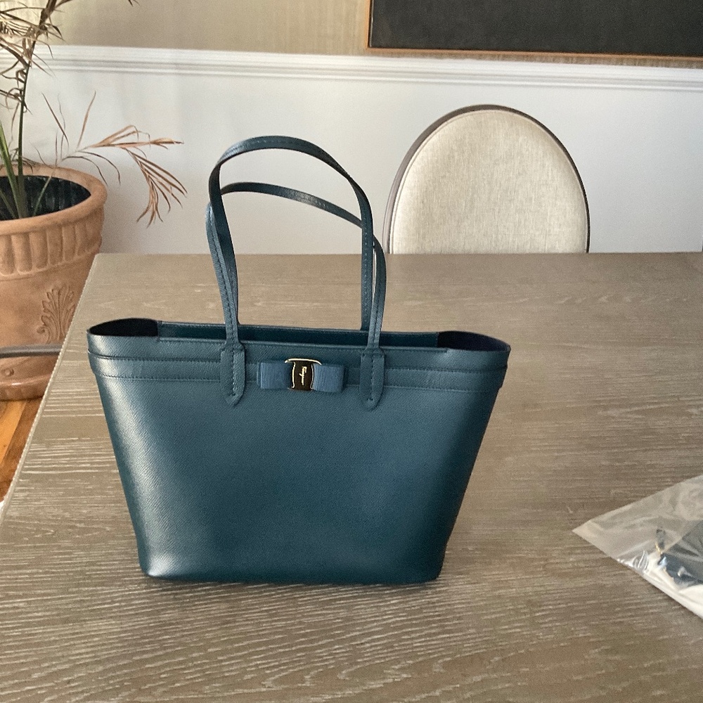 Salvatore Ferragamo Vara Women's Leather Tote and Pouch , Bluish Green